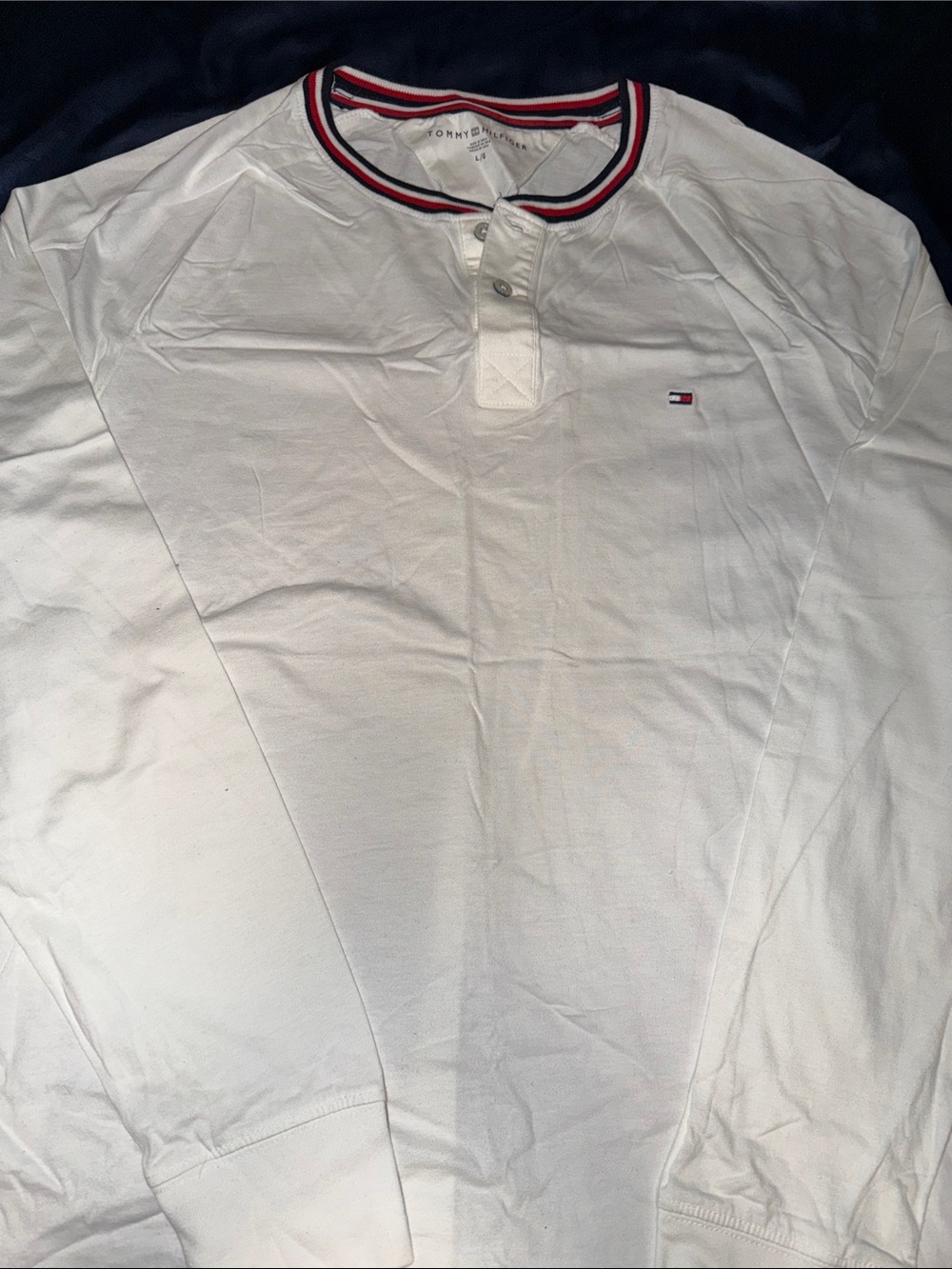 Men’s L Tommy Hilfiger White Long Sleeve Henley with Red & Navy Trim